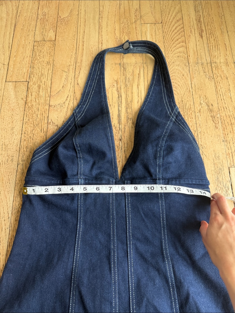 Pilero Anthropologie Halter Deep-V Saemed Open-Back Blue Denim Dress Sz Medium - Picture 6 of 7